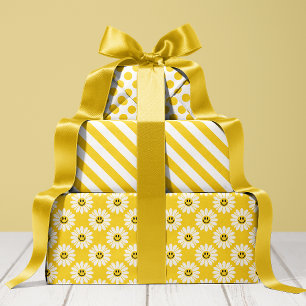 Gelber Daisy Streifen und Polka Dot Geschenkpapier Set