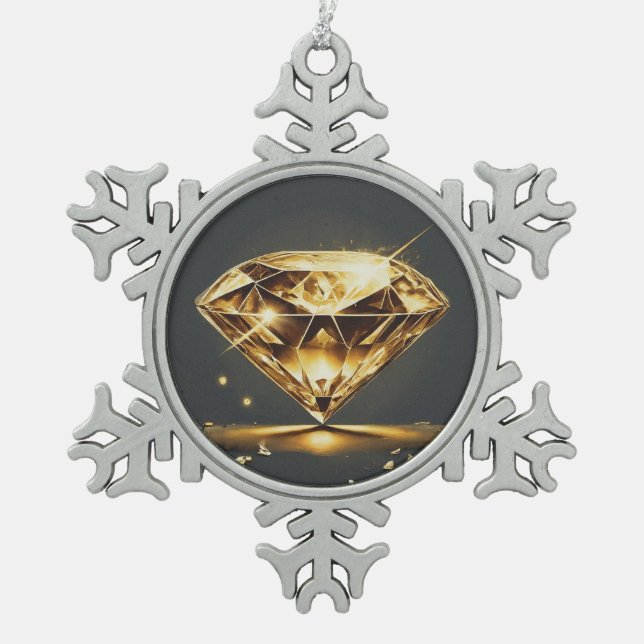 Gelber Diamant und schwarzer Hintergrund Schneeflocken Zinn-Ornament (Vorderseite)