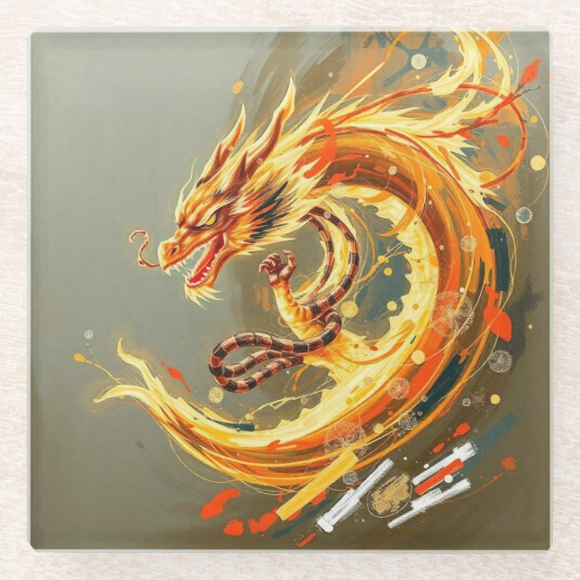 Gelber Drache Glasuntersetzer (Vorderseite)