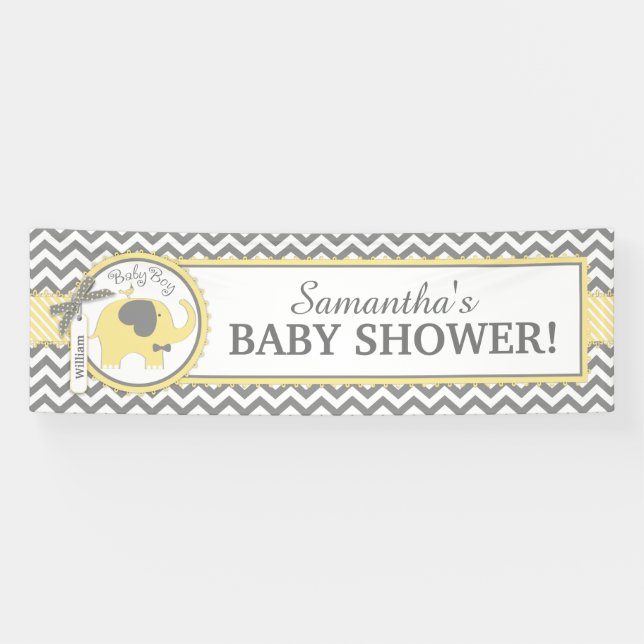 Gelber Elefant-Jungen-Zickzack Baby-Dusche Banner (Horizontal)