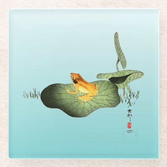 Gelber Frosch auf Lotus Leaf Glasuntersetzer (Vorderseite)