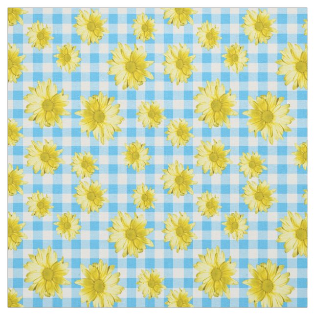 Gelber Gänseblümchen-Türkis-Weiß-Gingham Stoff (Muster)