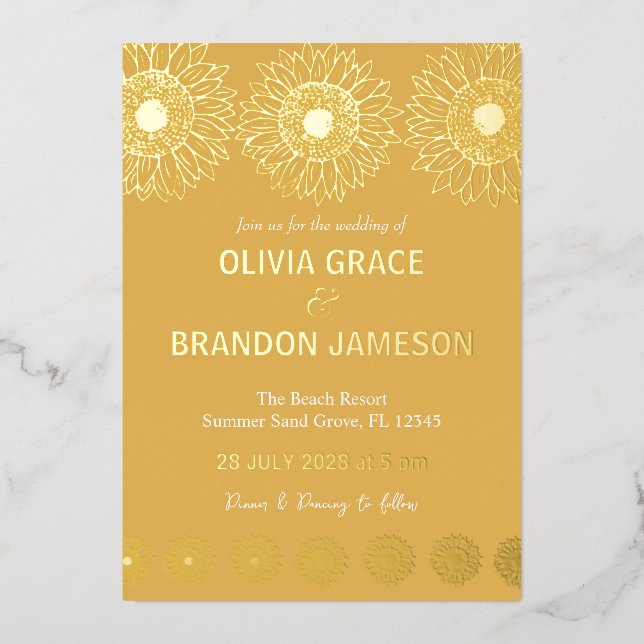 Gelber Garten Sonnenblumen Moderne blumenreiche Ho Folieneinladung (Vorderseite)