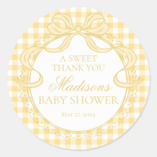Gelber Gingham Coquette Bogen Baby Shower Geschenk Runder Aufkleber