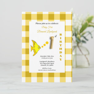 Gelber Gingham-Goldfolien-Ballon-Fisch 1. Geburtst Einladung