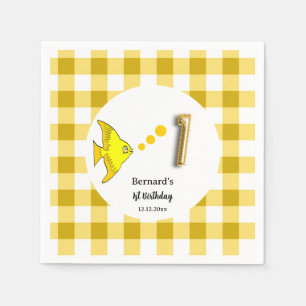 Gelber Gingham-Goldfolien-Ballonfisch 1. Geburtsta Serviette