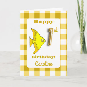 Gelber Gingham-Goldfolien-Ballonfisch zum 1. Gebur Karte