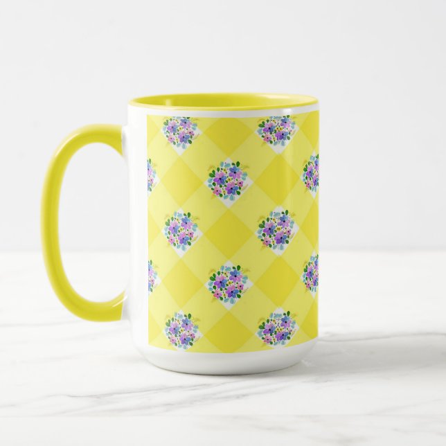 Gelber Gingham und Lila blauer Blumenland Tasse (Links)