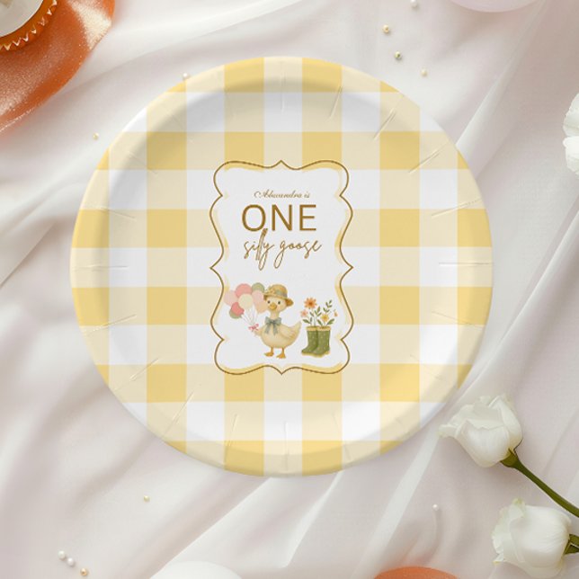 Gelber Gingham Verrückter Gans 1. Geburtstag Pappteller (Von Creator hochgeladen)