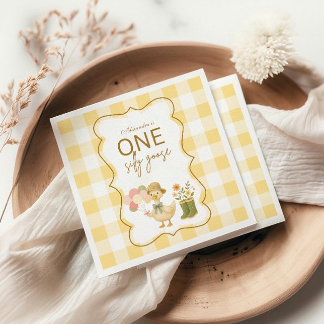 Gelber Gingham Verrückter Gans 1. Geburtstag Serviette (Von Creator hochgeladen)