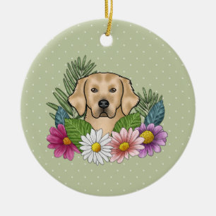 Gelber Golden Retriever Farbige Blumen Und Name Keramik Ornament