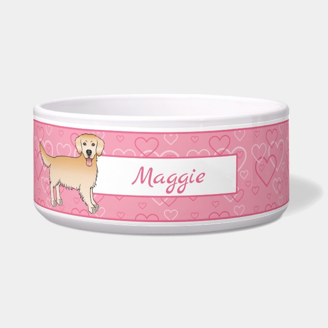 Gelber Golden Retriever Hund auf rosa Herzen und N Napf (Vorderseite)