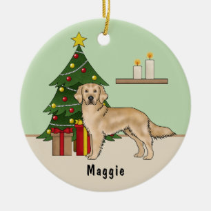 Gelber Golden Retriever Hund mit Weihnachtsbaum Keramik Ornament