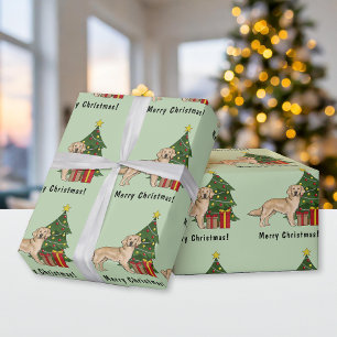 Gelber Golden Retriever Hund und Weihnachtsbaum Geschenkpapier