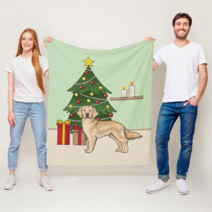 Gelber Golden Retriever mit grünem Weihnachtsbaum Fleecedecke