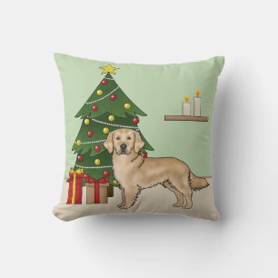 Gelber Golden Retriever mit Weihnachtsbaum Kissen