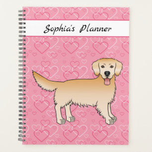 Gelber Goldener Retriever Hund auf rosa Herzen und Planer