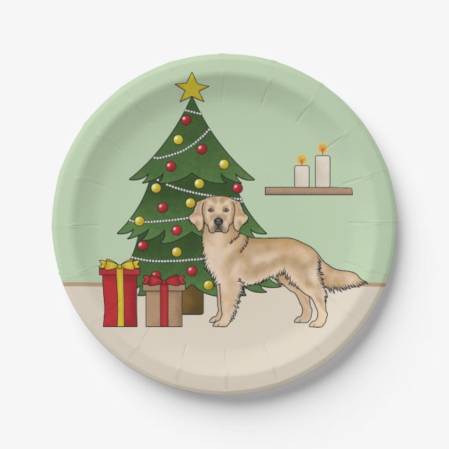 Gelber Goldener Retriever mit Weihnachtsbaum grün Pappteller (Vorderseite)