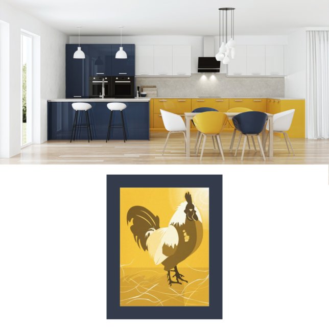Gelber Hahn Küchenwandkunst Poster Druck (Yellow Rooster Country Kitchen Wall Art)