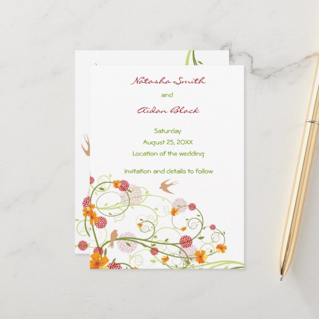 Gelber Hibiskus und Schwalbe Save the Date Ankündigungspostkarte (Vorderseite/Rückseite Beispiel)