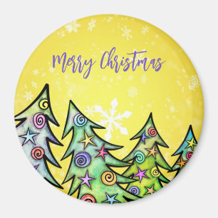 Gelber Hintergrund mit Schneeflocken und Weihnacht Magnet