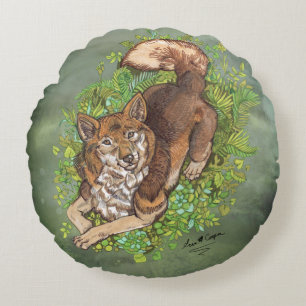 Gelber Husky-Hund und Blattwerk Zeichnend Rundes Kissen