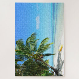 Gelber Kajak auf einem weißen Strand mit Palme Puzzle