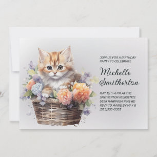 Gelber Katzenkorb Blumen Frauen Geburtstag  Einladung