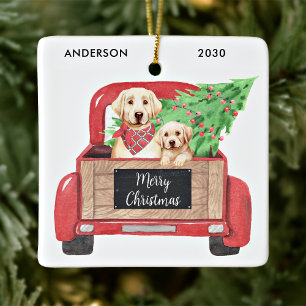 Gelber Lab Welpe Vintage roter LKW Weihnachten  Keramikornament