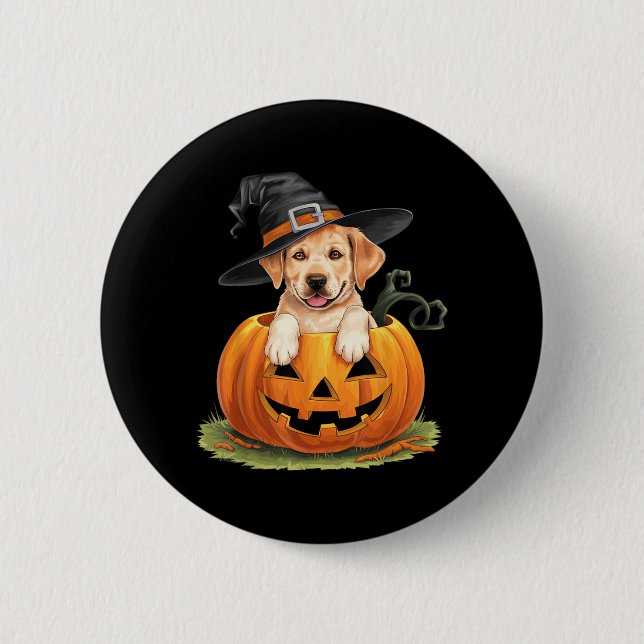 Gelber Labrado-Hund Halloween-Kürbis Button (Vorderseite)