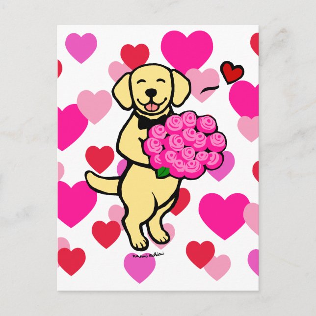 Gelber Labrador-Cartoon mit Rose Postkarte (Vorderseite)