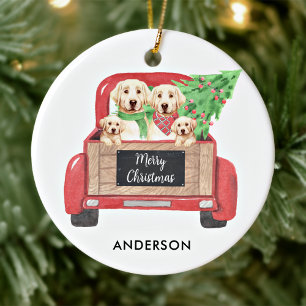Gelber Labrador-Hund Vintage roter Weihnachtswagen Keramik Ornament