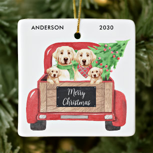 Gelber Labrador-Hund Weihnachten Vintage roter LKW Keramikornament