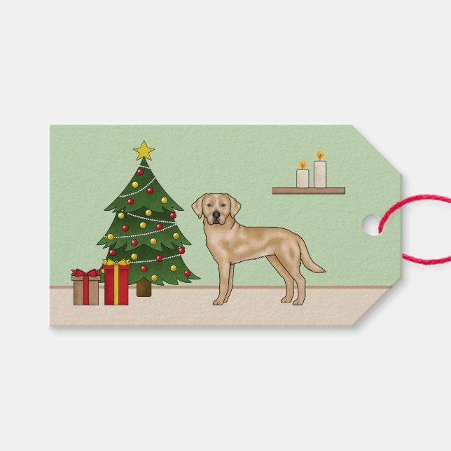 Gelber Labrador Retriever Hund mit Weihnachtsbaum Geschenkanhänger (Vorderseite (Horizontal))