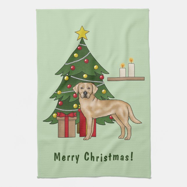 Gelber Labrador Retriever Hund mit Weihnachtsbaum Geschirrtuch (Vertikal)
