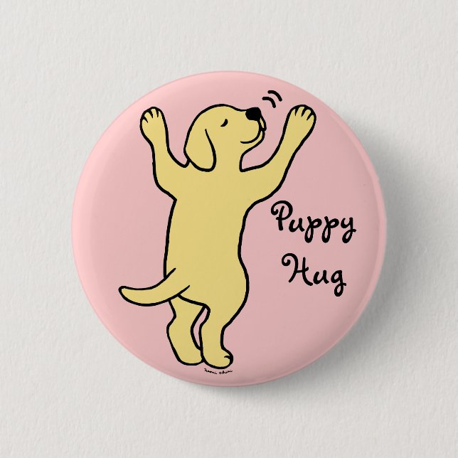 Gelber Labrador-Welpen-Umarmungs-Cartoon Button (Vorderseite)