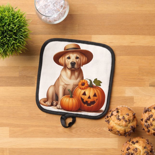 Gelber Labrador Welpenhalter mit Pumpkins Topflappen (Oben Unten)