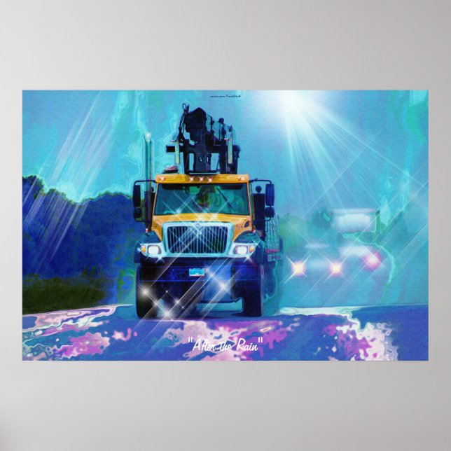 Gelber Lumbertruck in Regen Art Poster (Vorne)