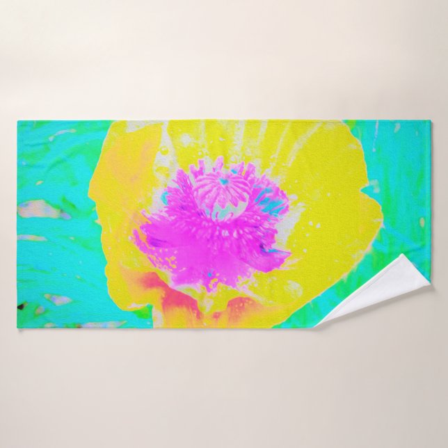 Gelber Mohn mit Hot-Pink-Mitte auf Türkis Badehandtuch (Badehandtuch)