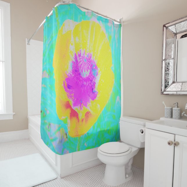 Gelber Mohn mit Hot-Pink-Mitte auf Türkis Duschvorhang (Beispiel)