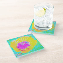 Gelber Mohn mit Hot-Pink-Mitte auf Türkis