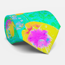 Gelber Mohn mit Hot-Pink-Mitte auf Türkis Krawatte