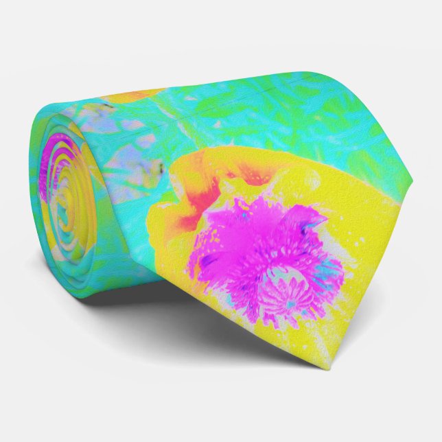 Gelber Mohn mit Hot-Pink-Mitte auf Türkis Krawatte (Gerollt)