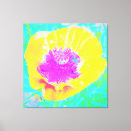 Gelber Mohn mit Hot-Pink-Mitte auf Türkis Leinwanddruck