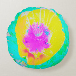 Gelber Mohn mit Hot-Pink-Mitte auf Türkis Rundes Kissen