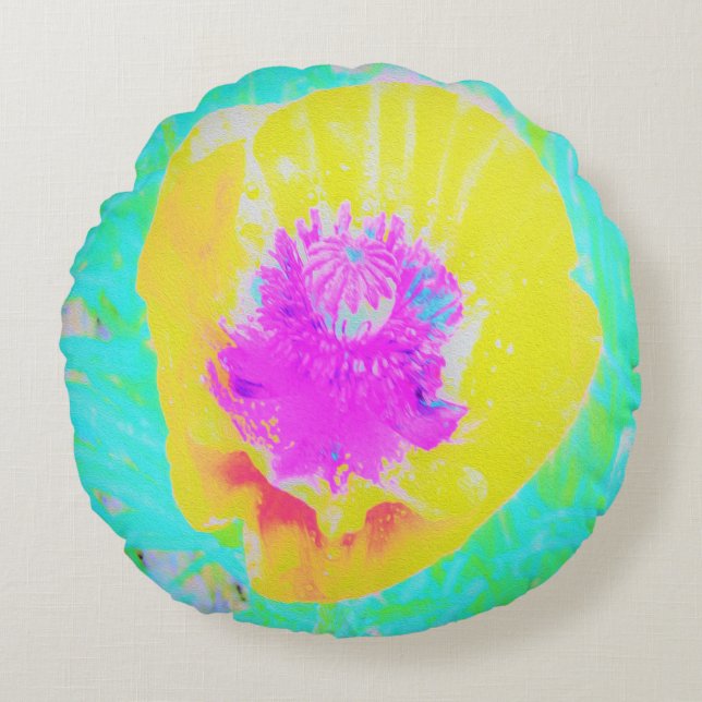 Gelber Mohn mit Hot-Pink-Mitte auf Türkis Rundes Kissen (Vorderseite)