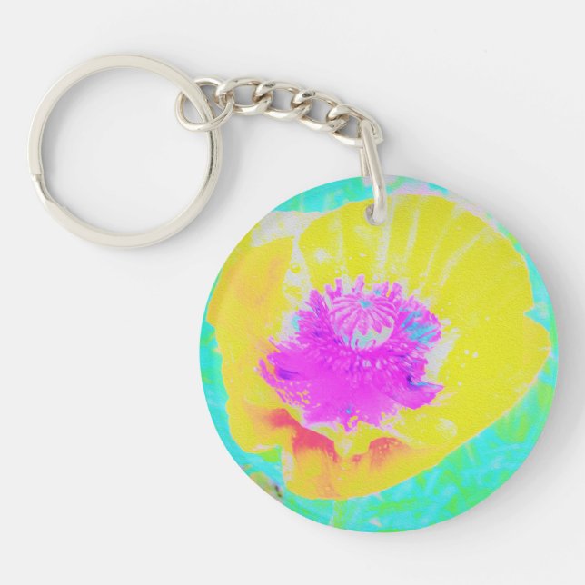 Gelber Mohn mit Hot-Pink-Mitte auf Türkis Schlüsselanhänger (Vorderseite)