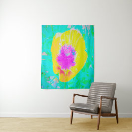 Gelber Mohn mit Hot-Pink-Mitte auf Türkis Wandteppich