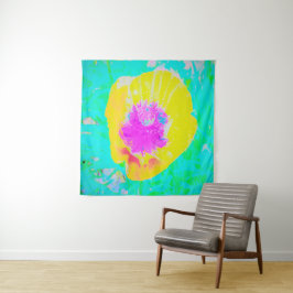 Gelber Mohn mit Hot-Pink-Mitte auf Türkis Wandteppich