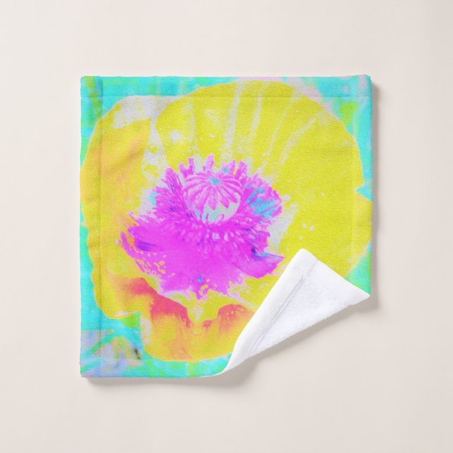 Gelber Mohn mit Hot-Pink-Mitte auf Türkis Waschlappen (Waschlappen)